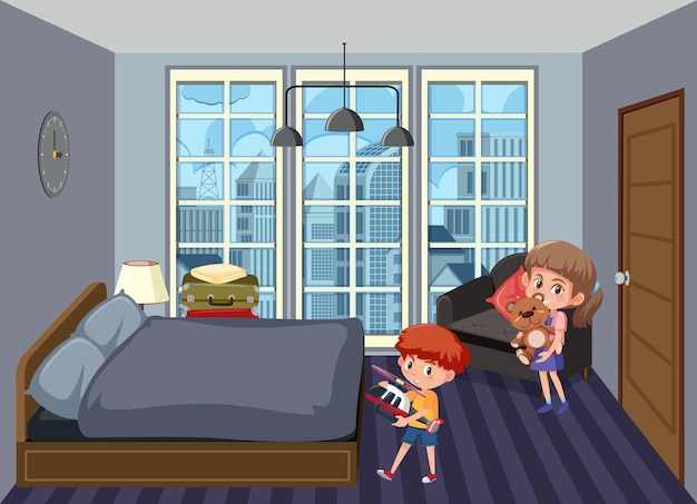 Bedroom scene with children cartoon character