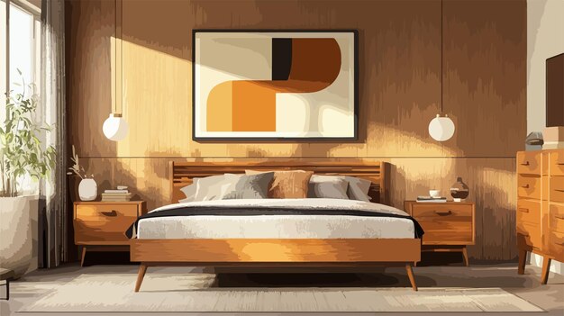 Vector a bedroom with a bed and a picture of a bed with a picture frame on it