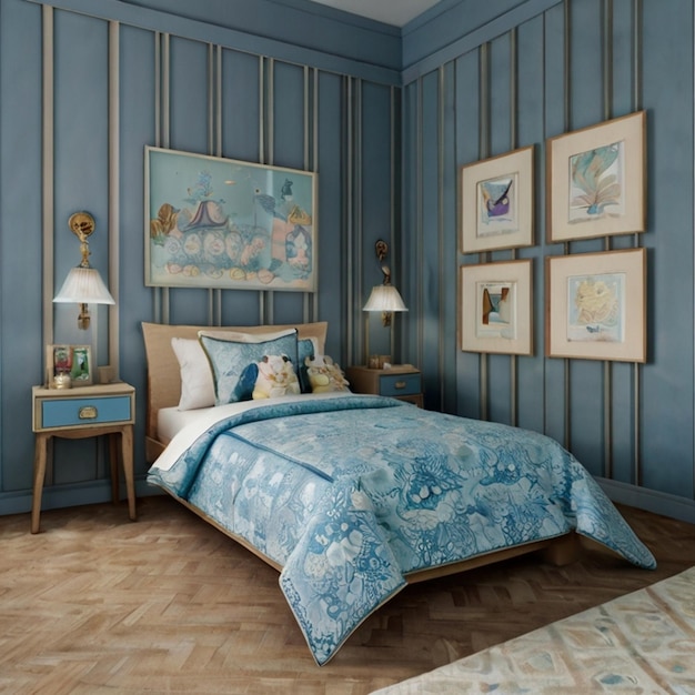 Vector a bedroom with a blue bed and a painting on the wall