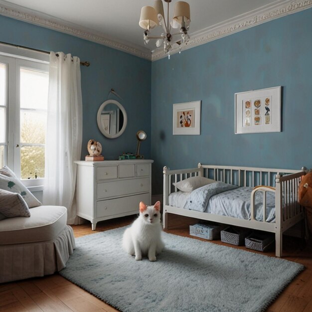 Vector a bedroom with a blue wall and a white bed with a white cat sitting on it