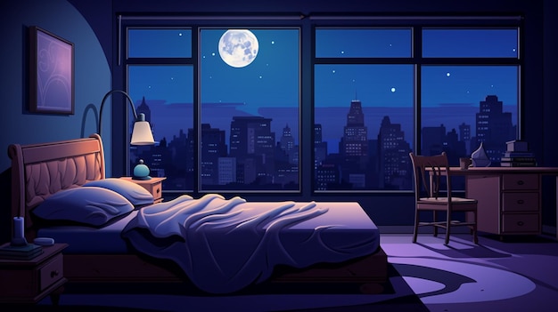 a bedroom with a full moon and a cityscape in the background