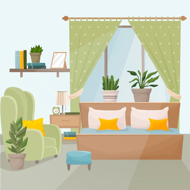 Bedroom with furniture and a window. Bedroom interior. Bed, bedside table, armchair, plants, books.