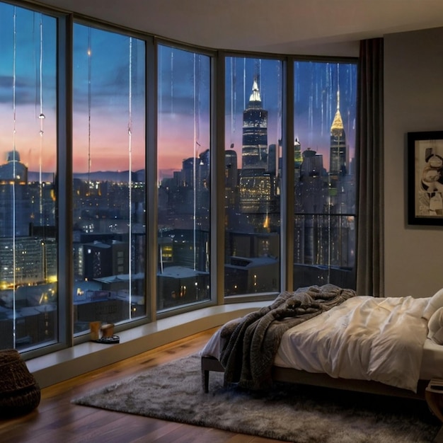 Vector a bedroom with a view of a city skyline and a city skyline