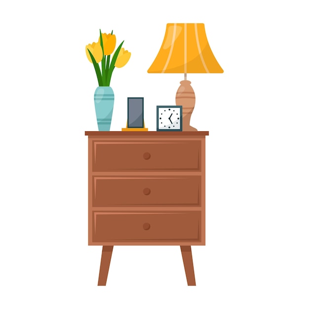 Bedside table with lamp, phine, vase with flowers, clock, vector illustration