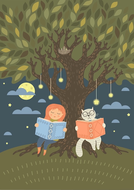 Bedtiime reading. Cute little girl with fantasy cat read books in the evening under the tree.