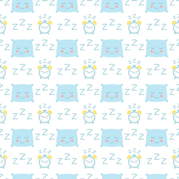 Bedtime seamless vector pattern Sleeping pillow and clock zzz for baby boy design