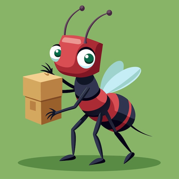 a bee carrying a box with a red bug on it