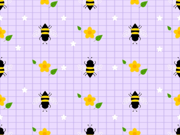 Bee cartoon character seamless pattern on purple background