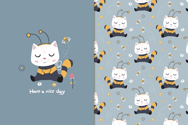 bee cat seamless pattern