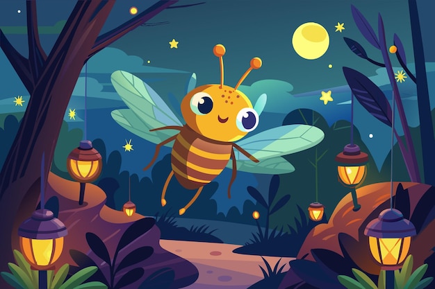 A bee in flight among trees in a dark forest at night A whimsical illustration of sushi characters come to life