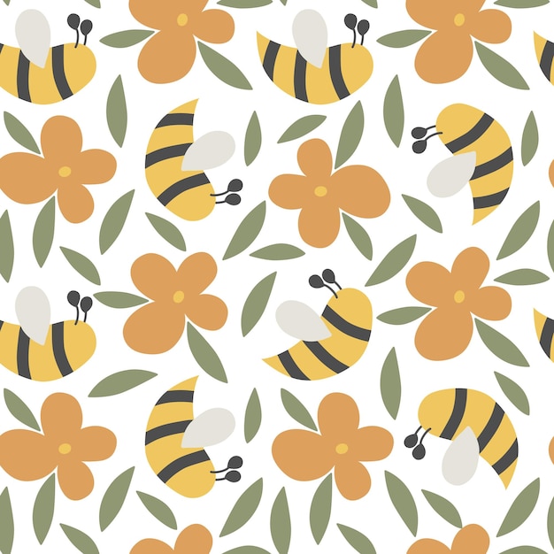 Bee FLower Leaf Kids Modern Abstract Seamless Pattern