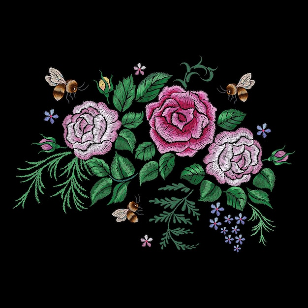 Bee and flowers embroidery Botanical bedding silk stitch rose with flying bees Insect and bouquet fashion mascot ornament Nowaday floral vector patch