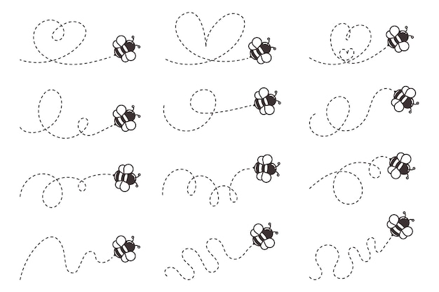 Bee flying path. bee flying in a heart shaped dot line Isolated.