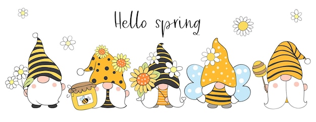 Vector bee gnomes with flower for spring