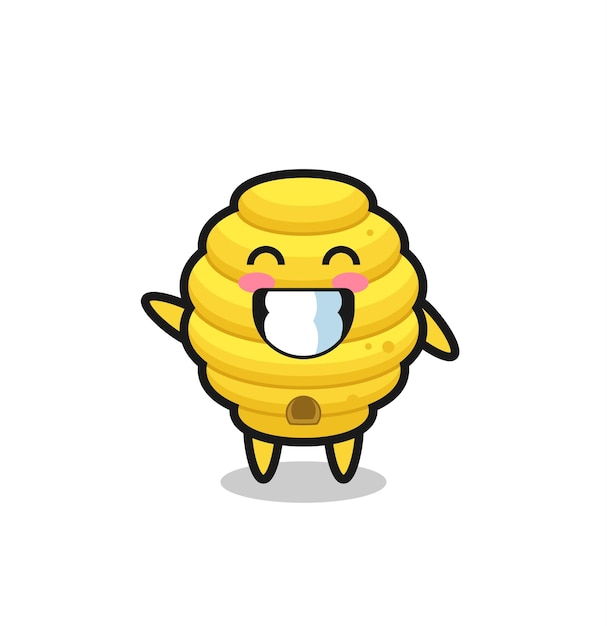 Bee hive cartoon character doing wave hand gesture , cute design