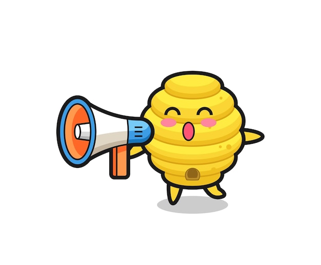 Bee hive character illustration holding a megaphone , cute design