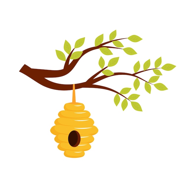 Bee hive hanging on a tree branch with leaves in cartoon style