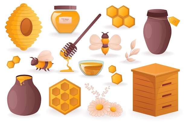 Bee and honey set A flat and cartoonish designed set of bees and honey featuring cute bees