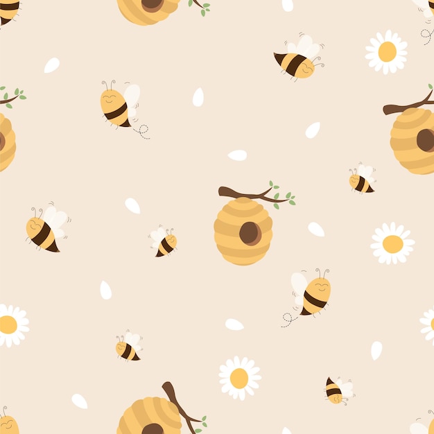 Bee Honeycomb and Daisy flower seamless cute pattern