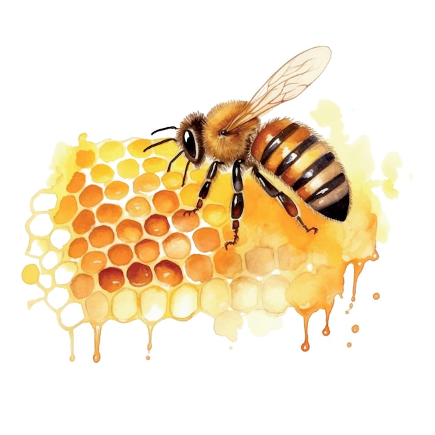 Bee on honeycomb watercolor illustration