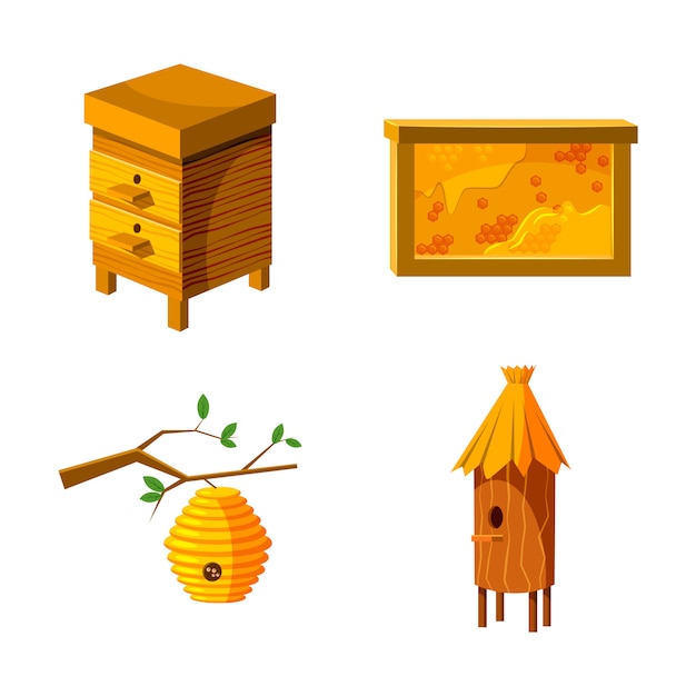 Bee house elements set. Cartoon set of bee house