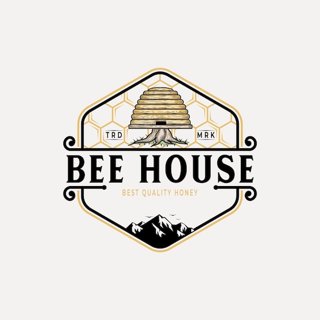 Bee house vintage logo design illustration for honey company