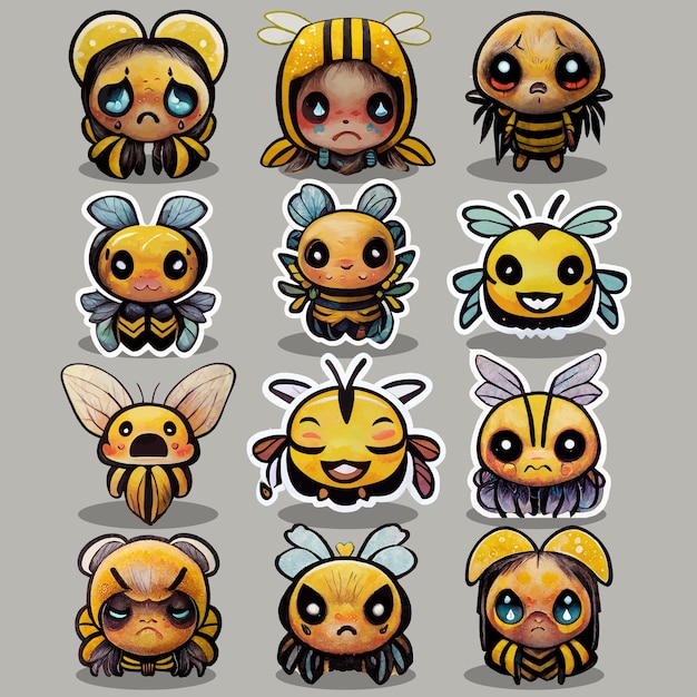 Bee icons pack happy, sad, scared, angry, crying, happy bees chibi kawaii