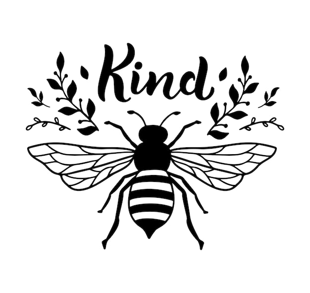 Bee kind, funny quote, hand drawn lettering for cute print. Positive quotes isolated on white background. Bee kind, happy slogan for tshirt. Vector illustration with bumble and leaves.