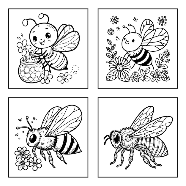 Vector bee lineart coloring book illustration for kids