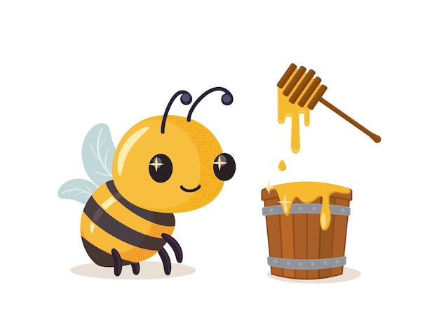 Bee loves honey Cartoon bee cute character in flat style Vector illustration