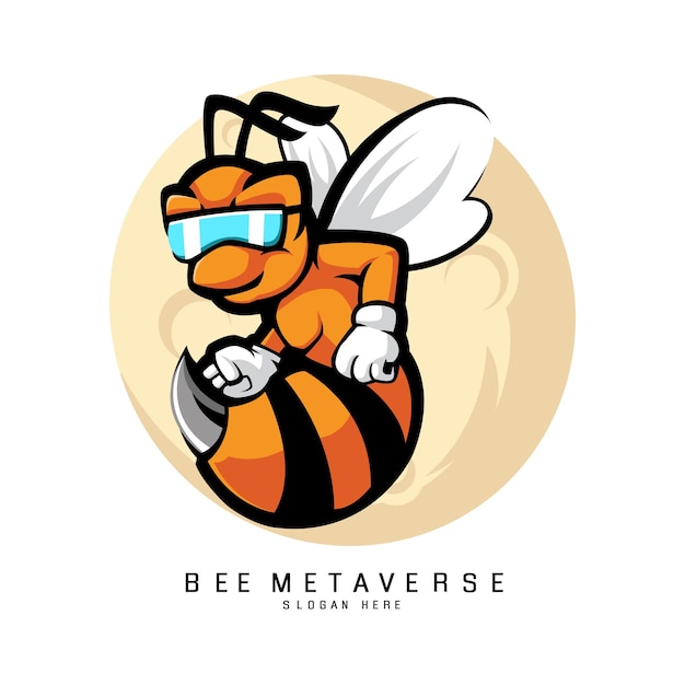 Bee metaverse with moon background cartoon mascot logo