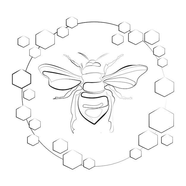 Bee single line drawing in a frame of honeycombs line art logo template,emblem,label vector