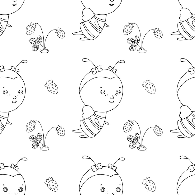 Bee and strawberry on vector seamless pattern Cute children illustration