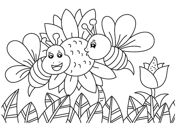 bee with sunflower cute coloring page for kids