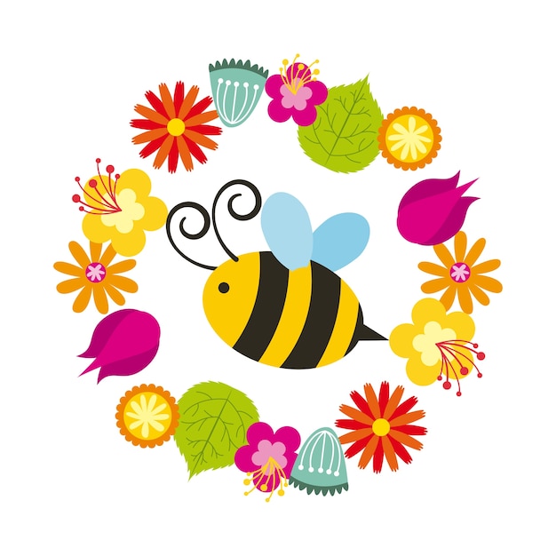 bee and wreath of flowers