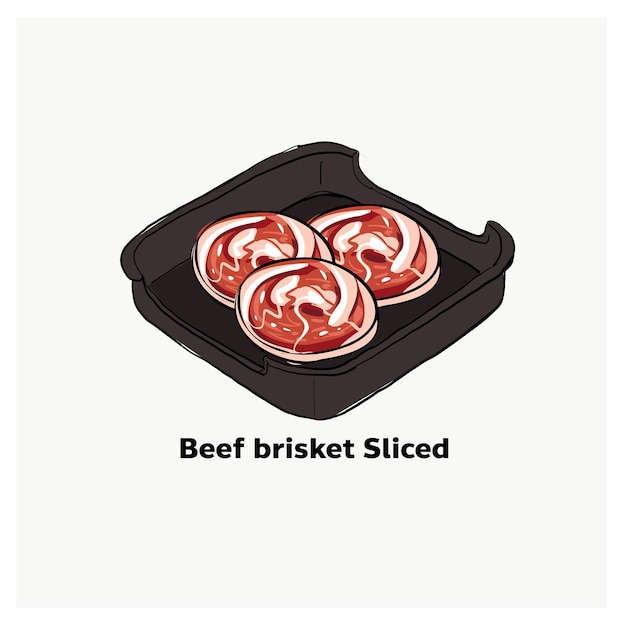 Beef brisket sliced on black platebeef for Japanese grill korean grill thai pan bbq grill Drawing illustration vector