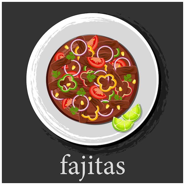 Beef fajitas with multi colored bell pepper on a plate with the name