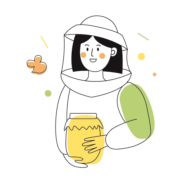 Beekeeper female character in a bee protection suit with a jar of honey Outline illustration