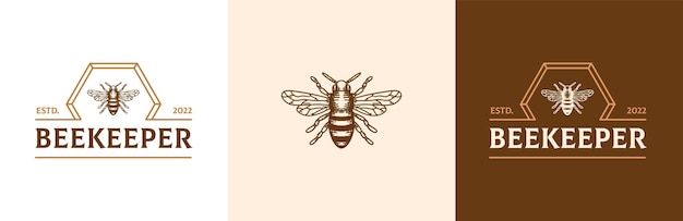 Beekeeper vintage logo design set, retro wasp farm symbol, retro bee keeping emblem concept