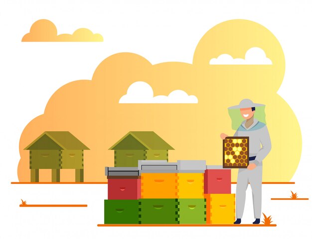 Vector beekeeper working in apiary, beekeeping industry