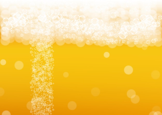 Beer background with realistic bubbles Cool beverage for restaurant menu design banners and flyers Yellow horizontal beer background with white foam Cold pint of golden lager or ale