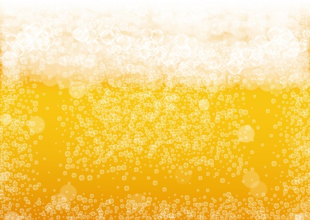 Beer background with realistic bubbles.  Cool beverage for restaurant menu design, banners and flyers.  Yellow horizontal beer background with white foam. Fresh cup of lager for brewery design.