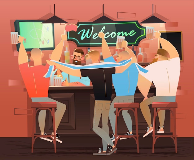 Beer bar - Restaurant. Football fans celebrate victory. Football match, bar with bartender, alcohol drinks and friends.