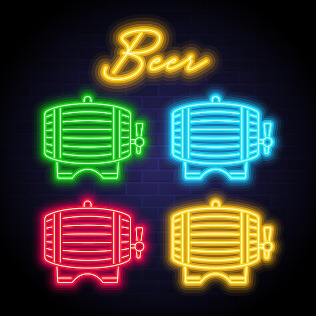 Beer barrel icon set with neon light glowing vector illustration