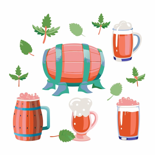 Vector beer barrel and mugs with foamy beer and leaves illustration