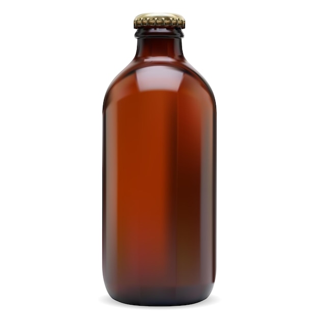 Beer bottle brown glass blank. Cold alcohol drink, wine, cider or soda beverage with cap. Amber container for liquid refreshing product