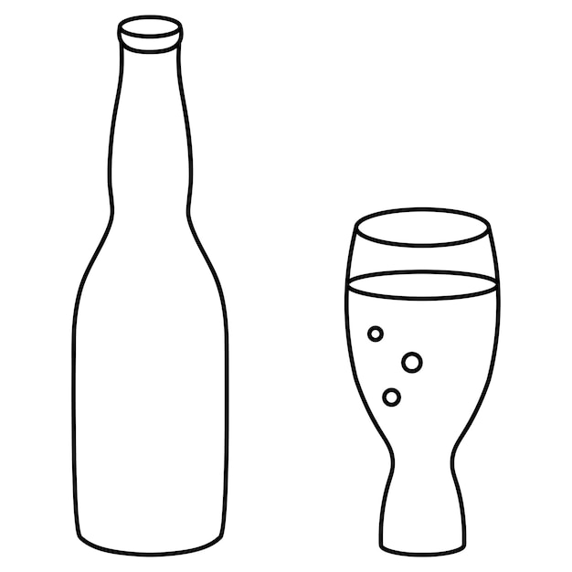 Beer bottle and glass drink glass with rising bubbles set in doodle style