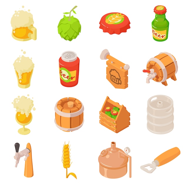 Beer bottle glass drink label icons set. Isometric illustration of 16 beer bottle glass drink label vector icons for web