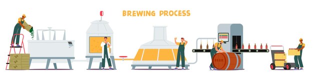 Vector beer brewing production process involves steps like malting mashing boiling fermentation and packaging resulting in the creation of delicious and refreshing beer cartoon vector illustration