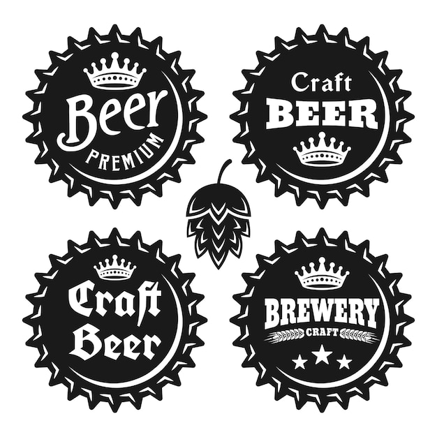 Beer caps with text set of vector monochrome vintage objects isolated on white background